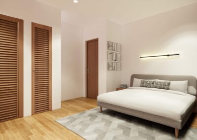 A modern bedroom featuring wooden louvered closet doors and a neutral color scheme