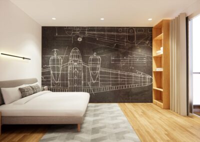 A stylish bedroom with an industrial-themed mural, open wooden shelving, and modern decor.