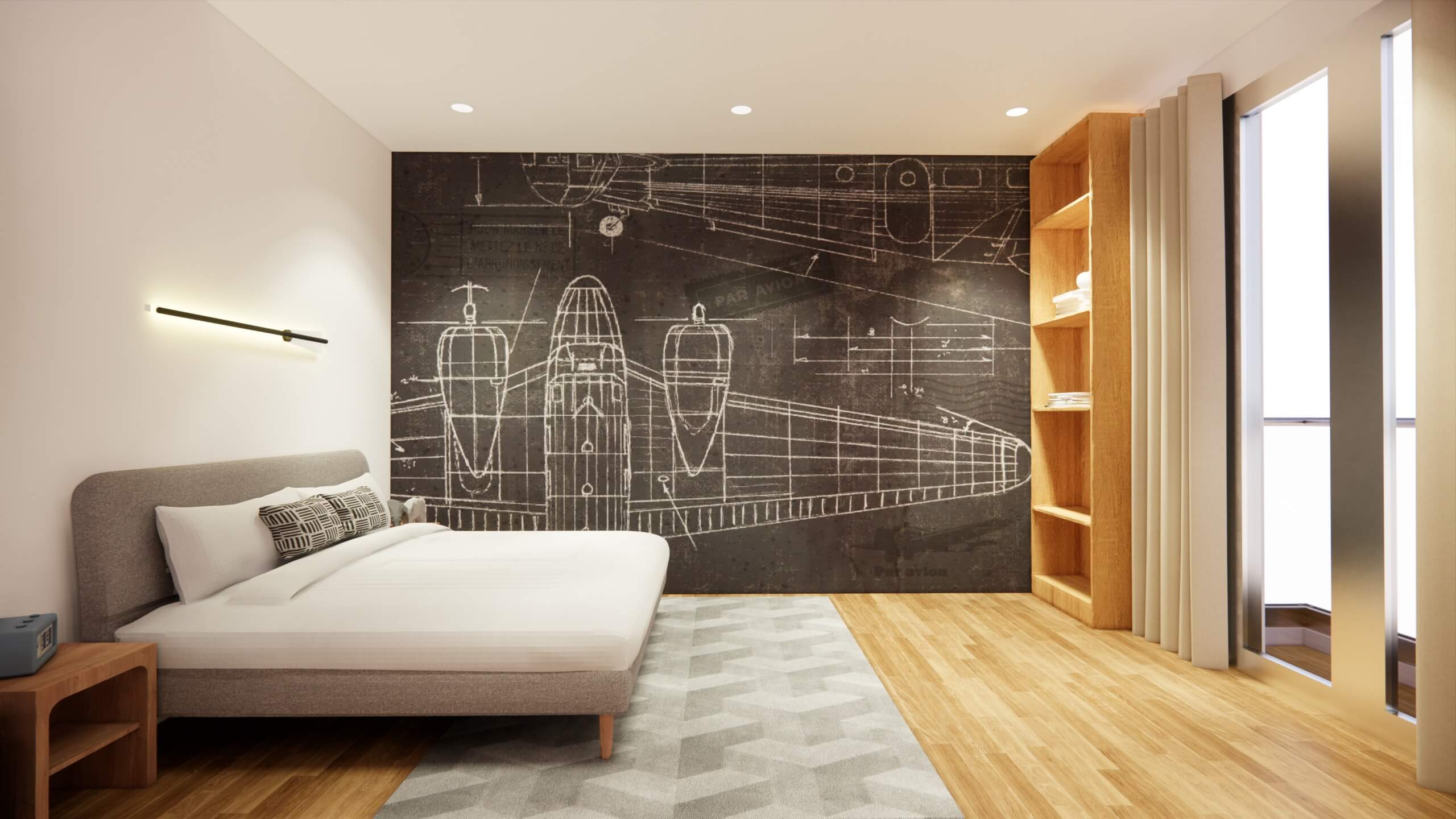 A stylish bedroom with an industrial-themed mural, open wooden shelving, and modern decor.