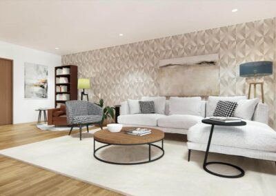 A stylish living room with a geometric-patterned feature wall, neutral furniture, and contemporary decor.