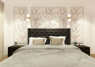 A well-lit bedroom featuring a tufted bed, floral wallpaper, and warm wooden accents.