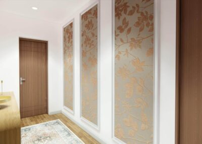 Entryway featuring floral wall panels, a wooden console, and gold accents.