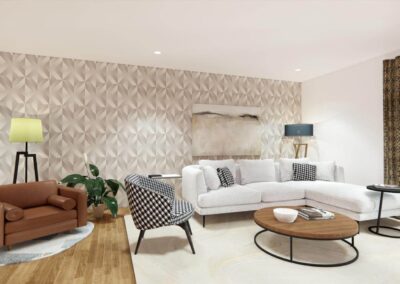 Stylish living room featuring a sectional sofa, accent chair, and geometric wallpaper with warm furnishings.