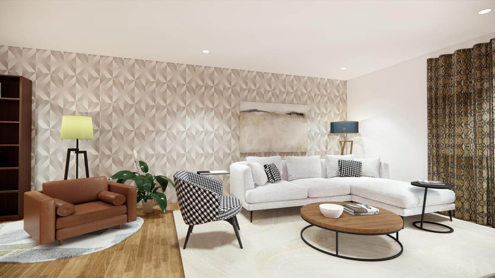 Stylish living room featuring a sectional sofa, accent chair, and geometric wallpaper with warm furnishings.