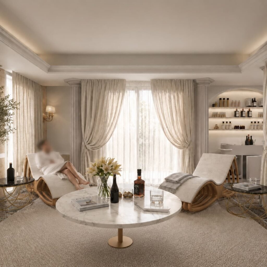 Luxury spa relaxation lounge featuring elegant seating, soft neutral tones, and a tranquil atmosphere designed for guest comfort and wellbeing.