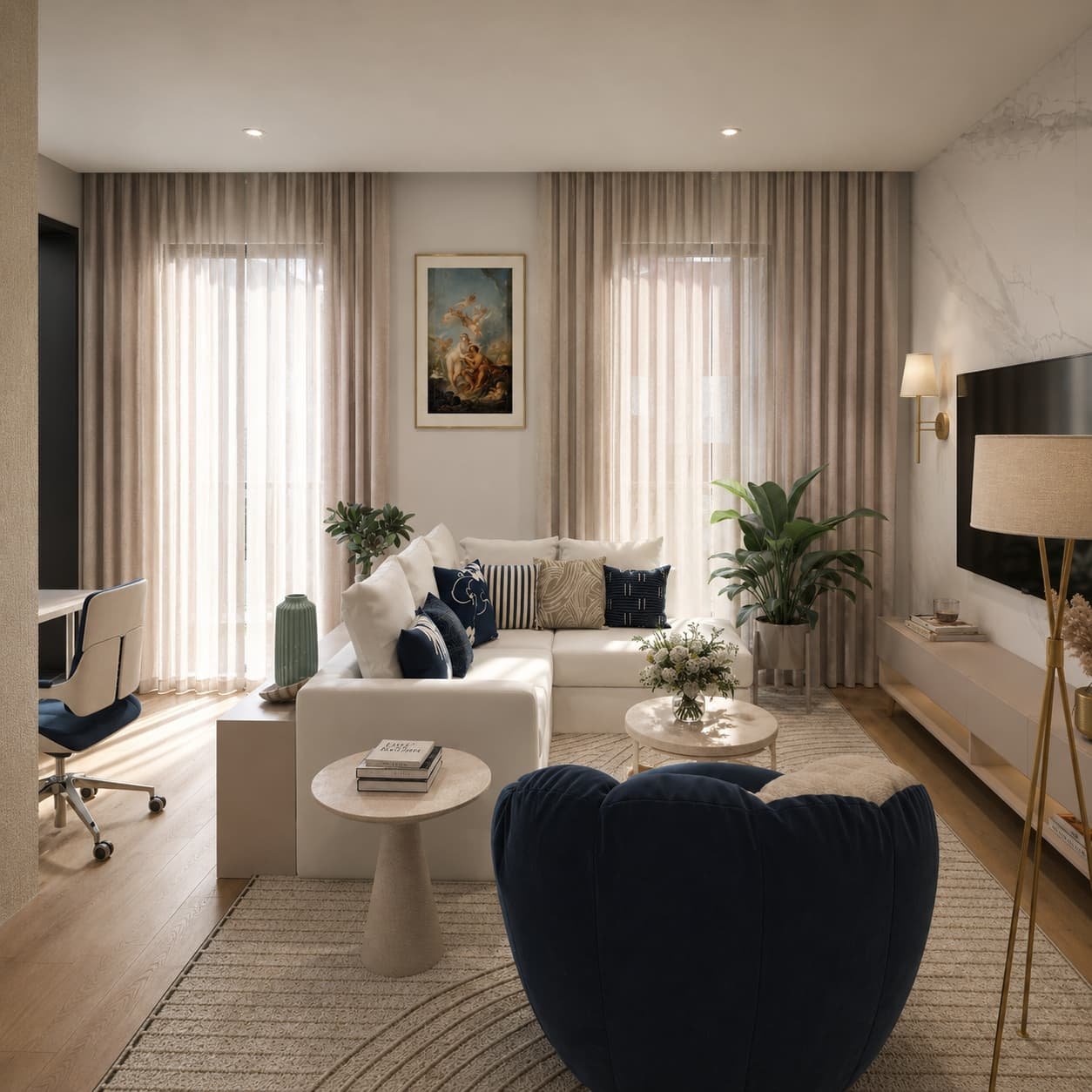 Navy and White Apartment — Contemporary Open Plan Living Room
