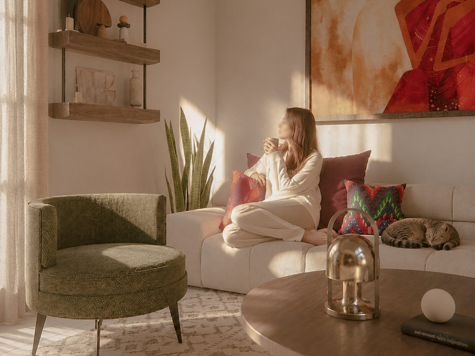 Contemporary Home with Indian Influences — Cosy Living Room with Colourful Accent Pillows