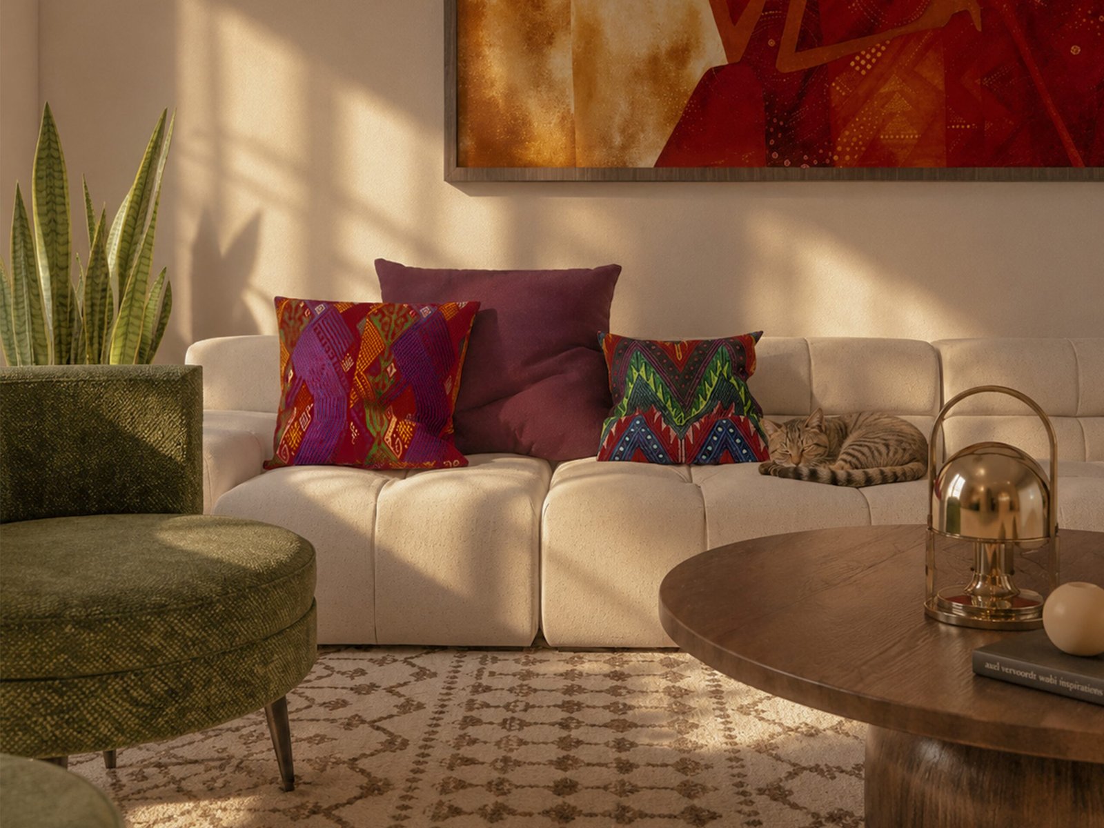 Contemporary Home with Indian Influences — Living Room Sofa Styling with Patterned Cushions