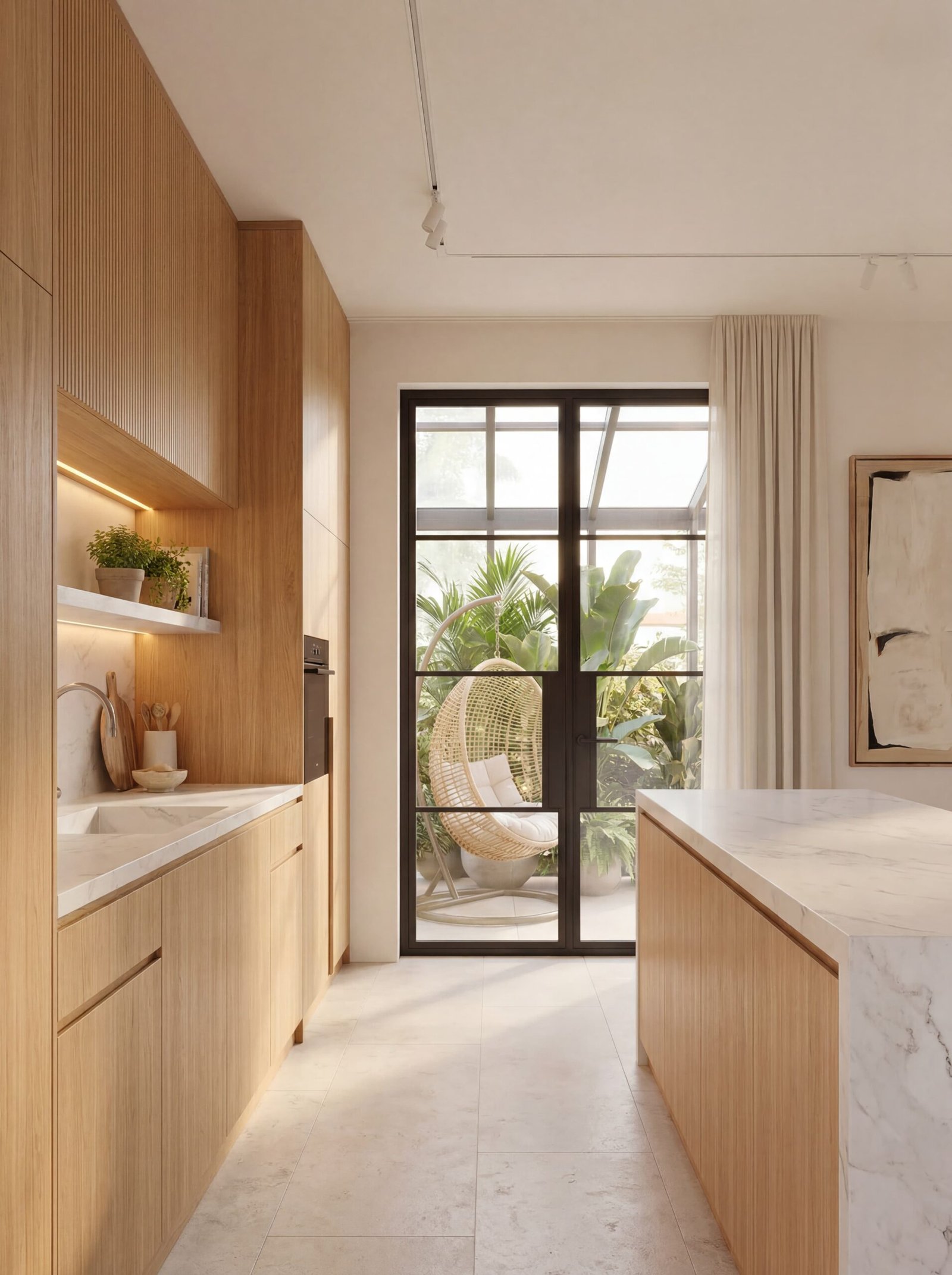 Open Plan — Minimalist Kitchen with Marble Island
