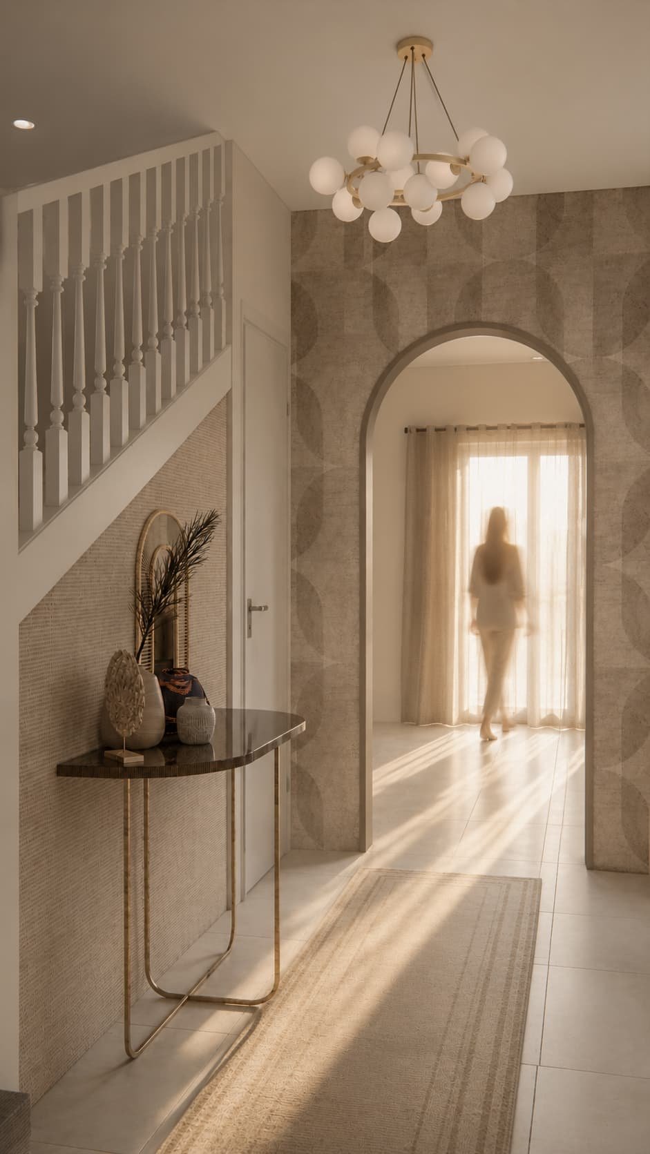 Contemporary Home with Indian Influences — Modern Entryway with Arched Doorway and Staircase