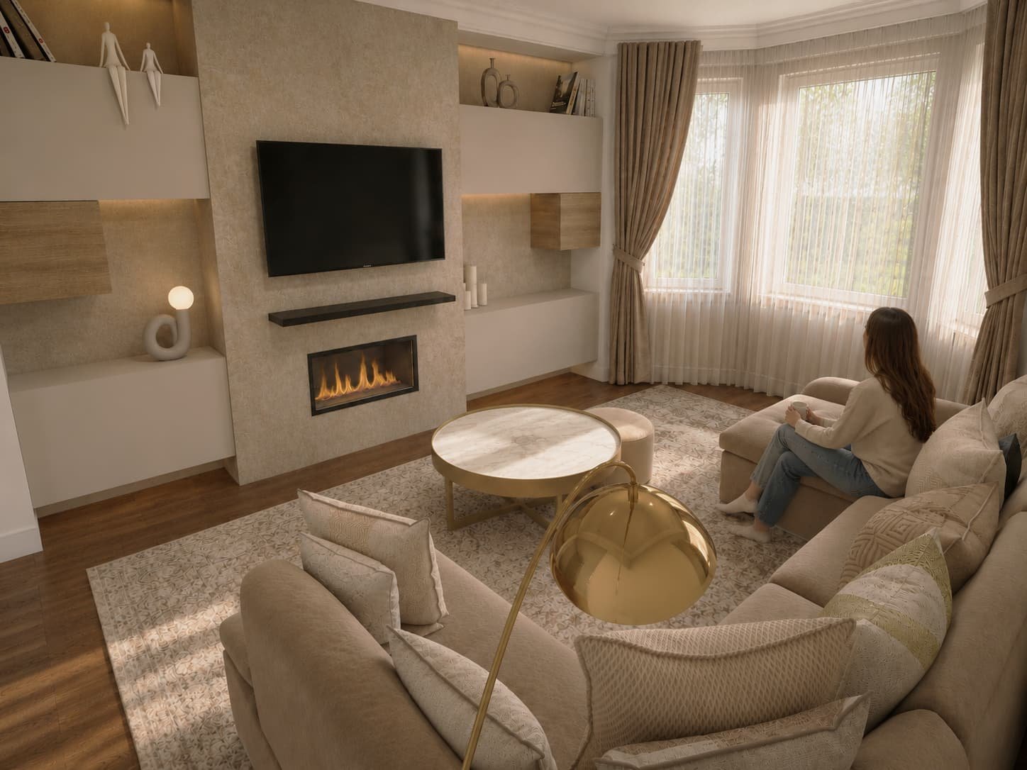 Warm Neutrals Family Home — Modern Living Room Fireplace and TV Wall