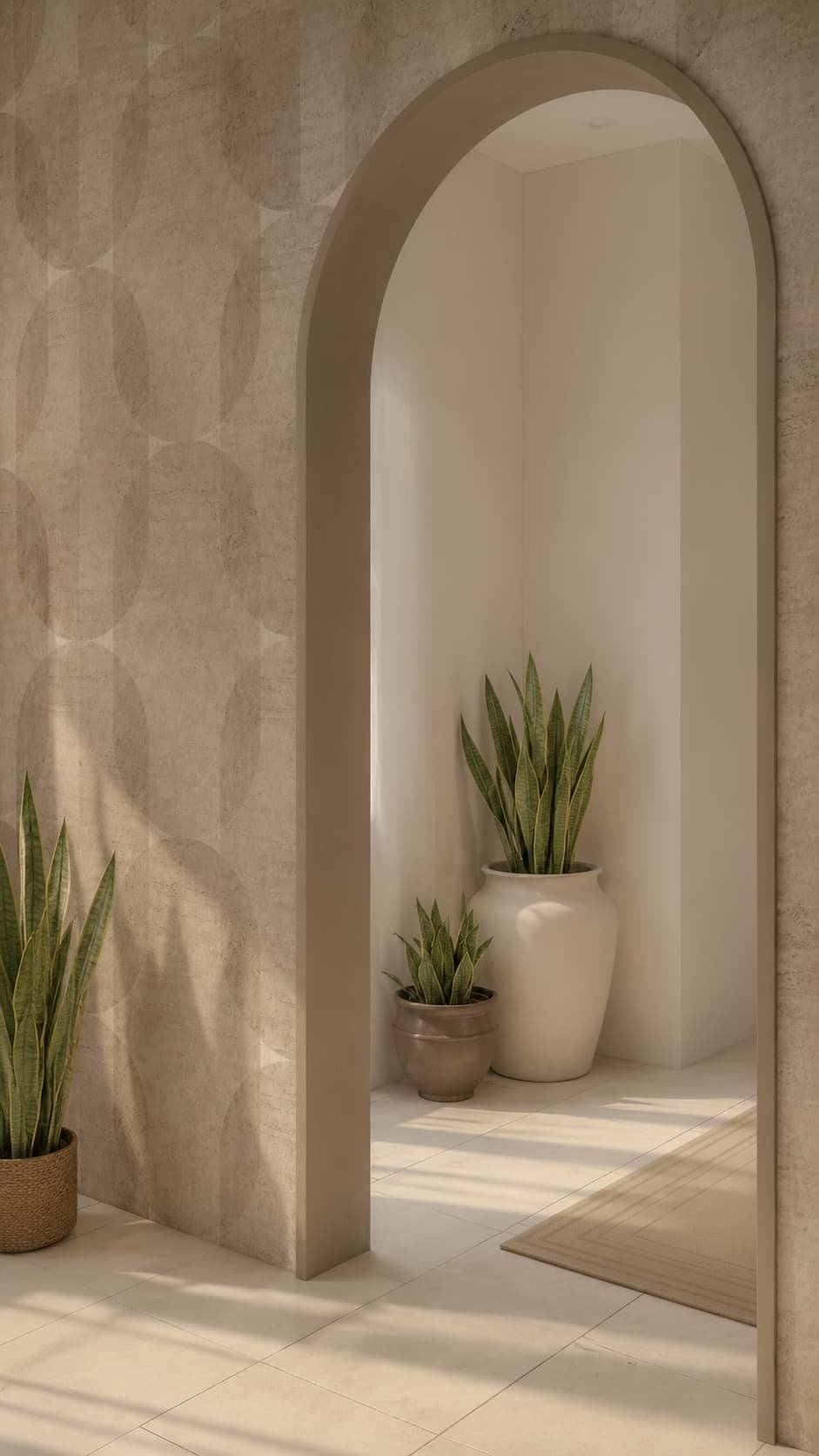 Contemporary Home with Indian Influences — Arched Interior Doorway with Indoor Plants