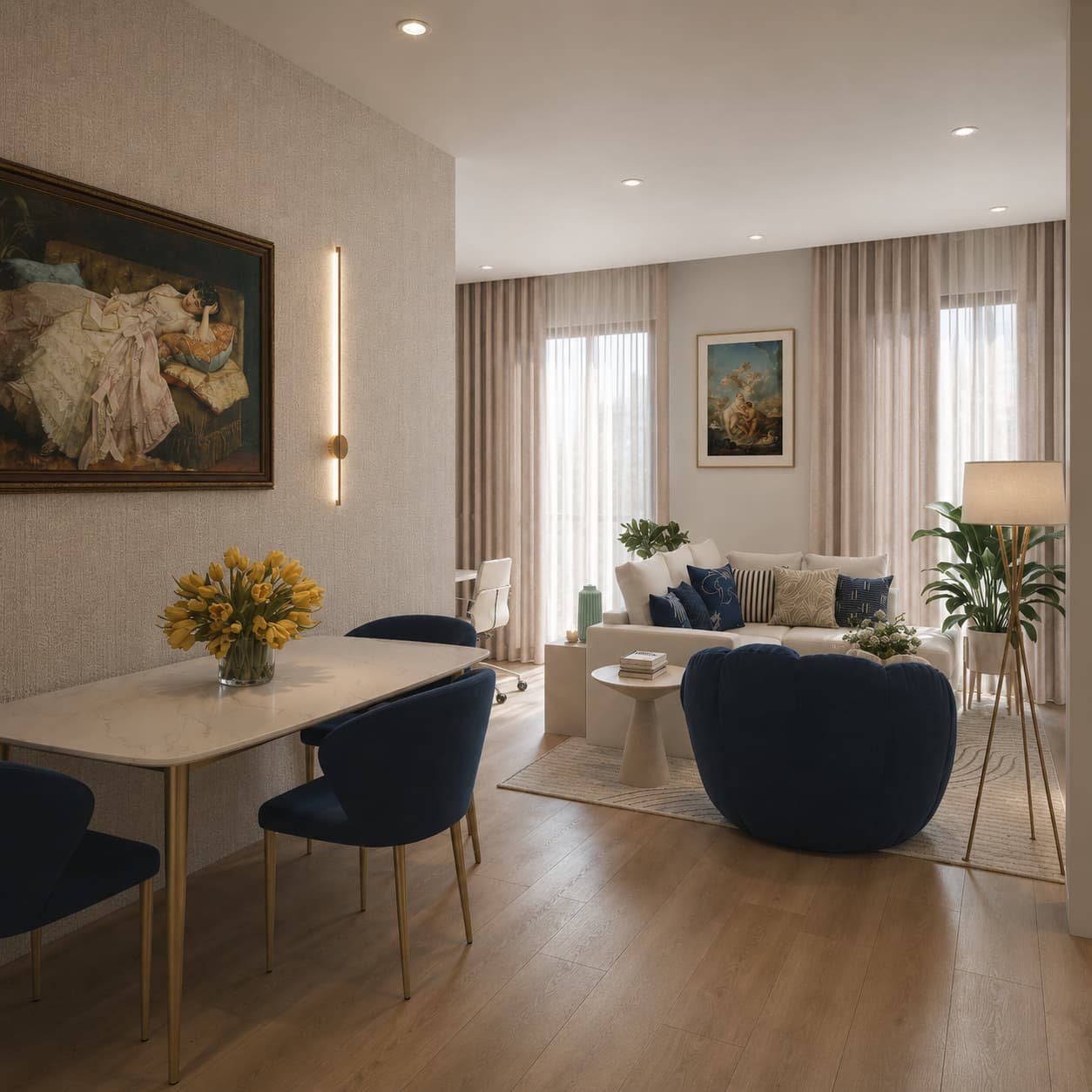 Navy and White Apartment — Open Concept Living and Dining Room