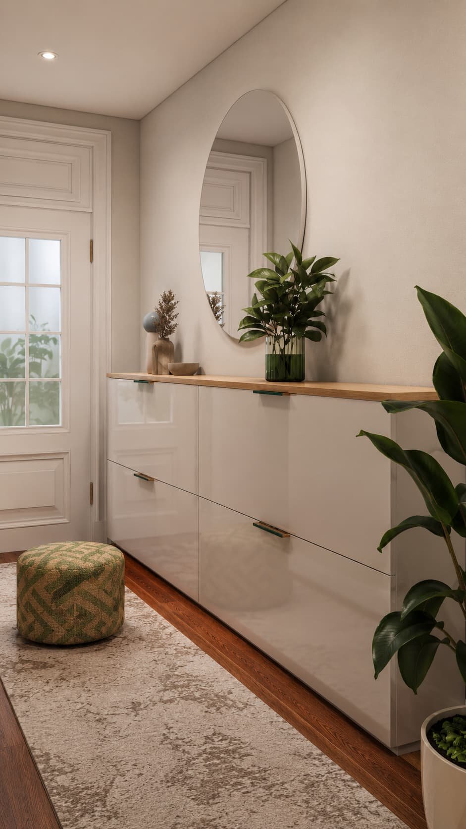 Warm Neutrals Family Home — Minimalist Entryway Storage Cabinet