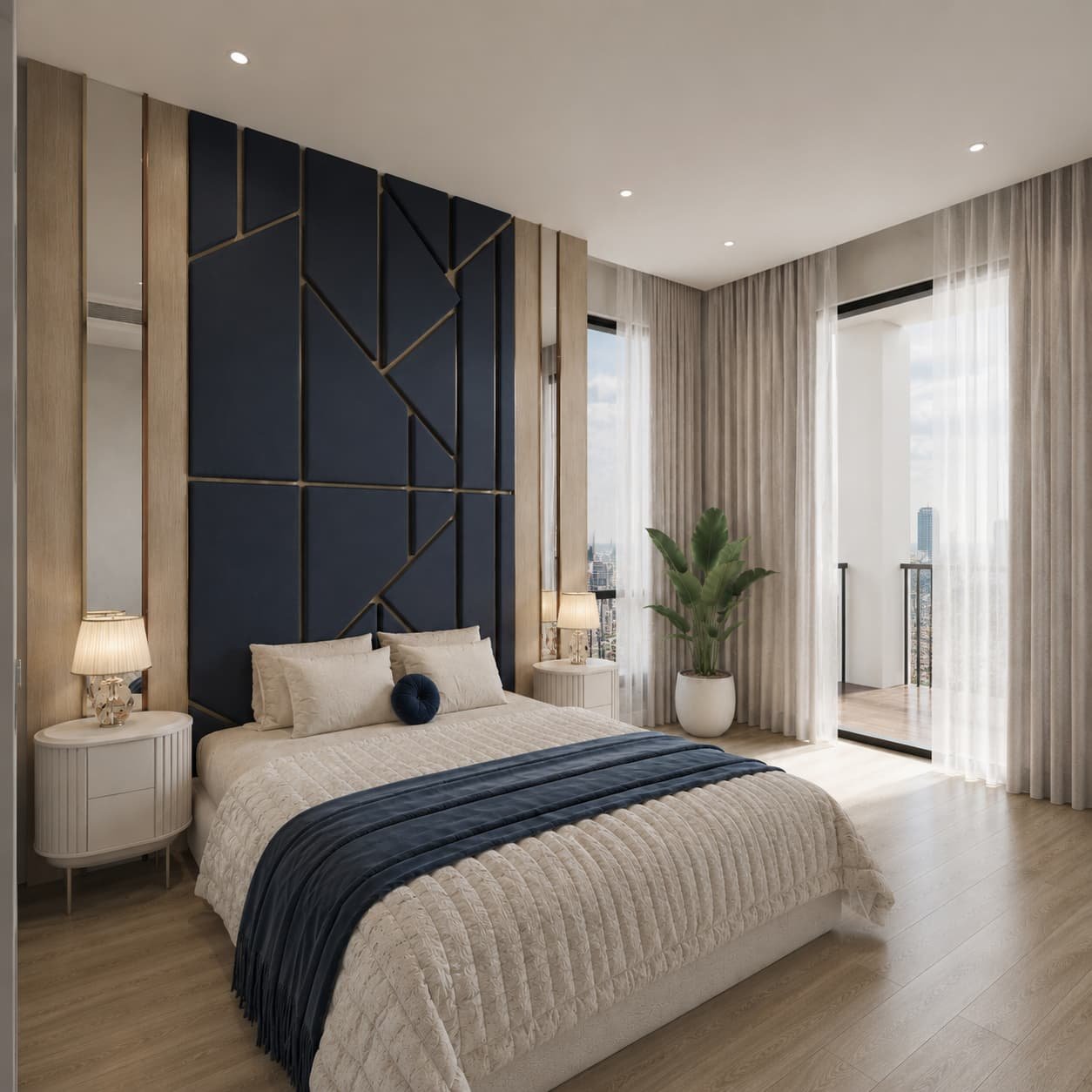 Navy and White Apartment — Modern Bedroom with Blue Upholstered Feature Wall