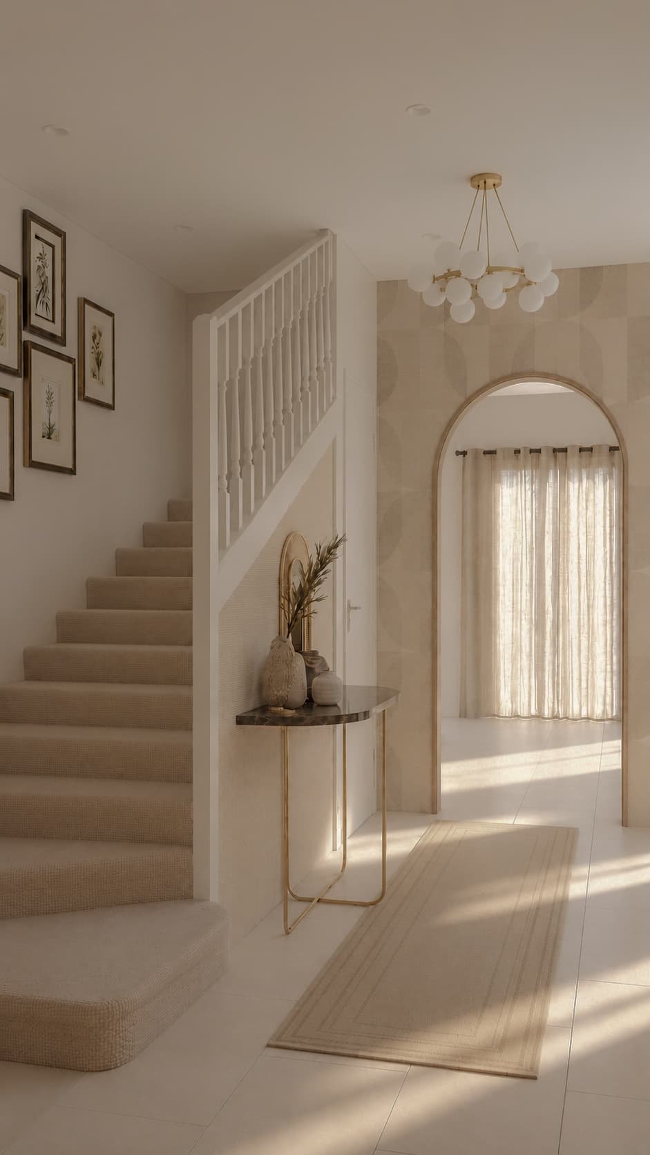 Contemporary Home with Indian Influences — Minimalist Entryway with Staircase and Arched Opening