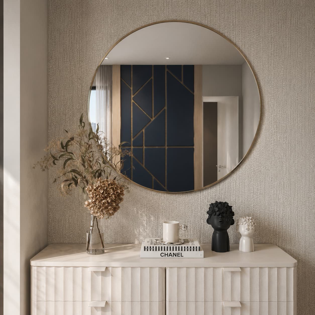 Navy and White Apartment — Modern Entryway with Console Table and Round Mirror