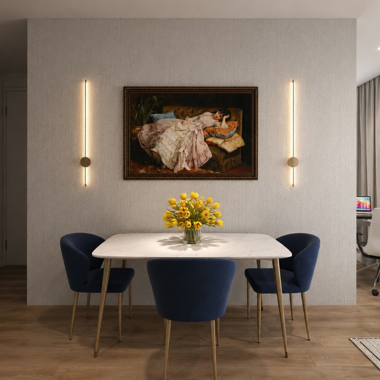 Navy and White Apartment — Contemporary Dining Room with Blue Chairs