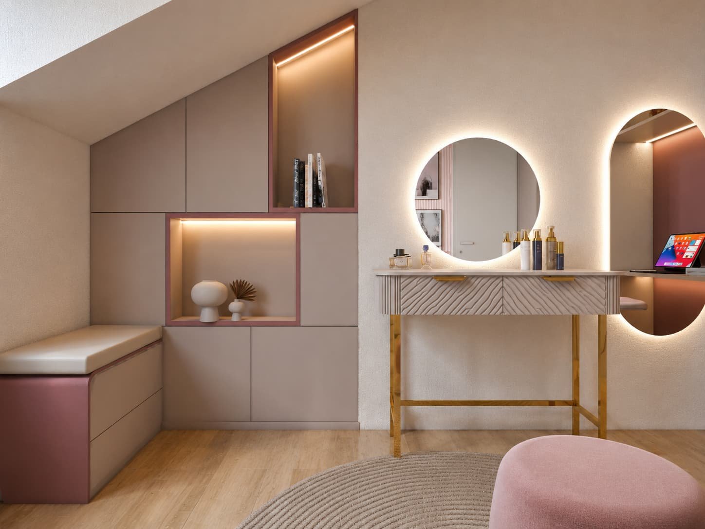 Warm Neutrals Family Home — Girls Bedroom Vanity and Study Nook