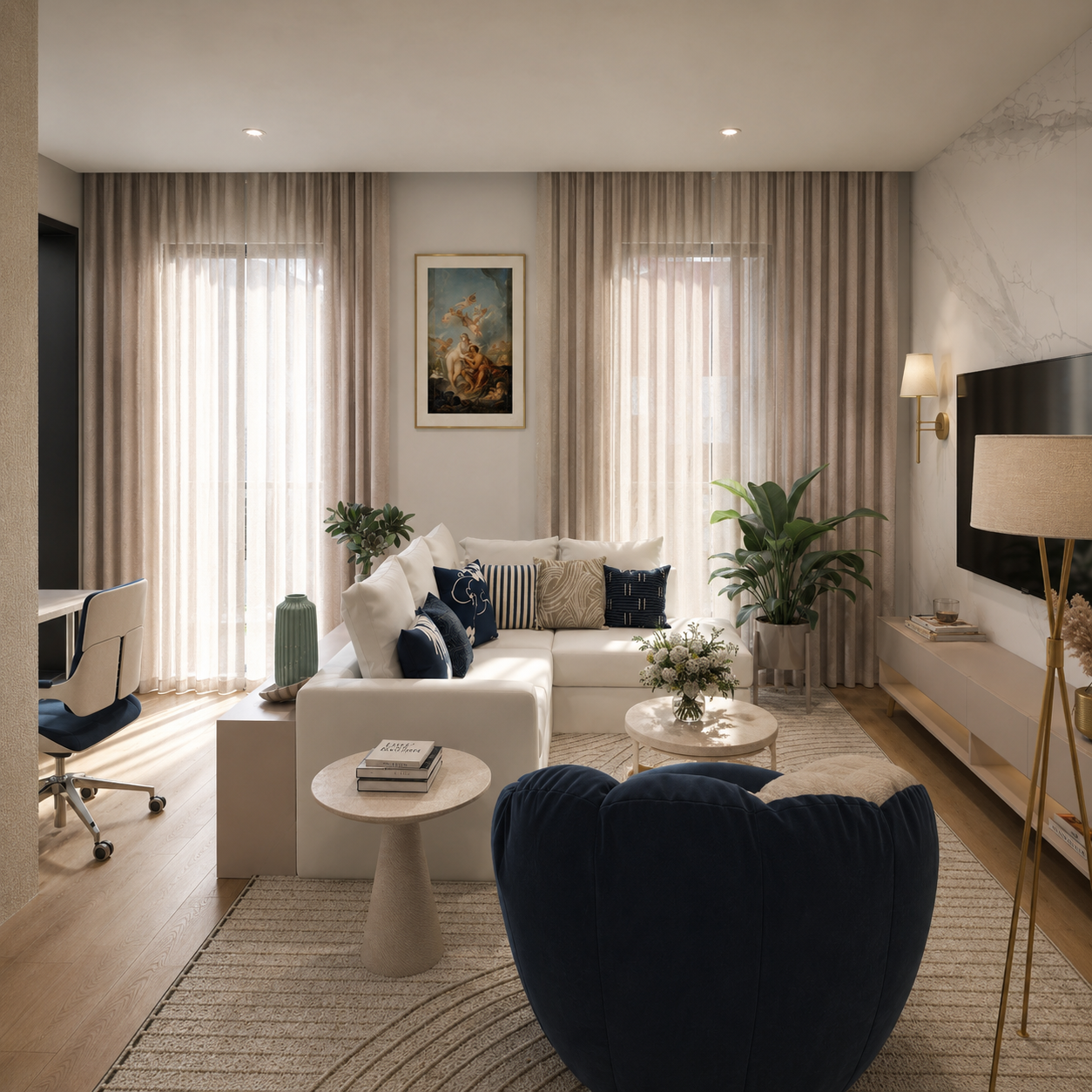 Navy and White Apartment — Living Room Seating