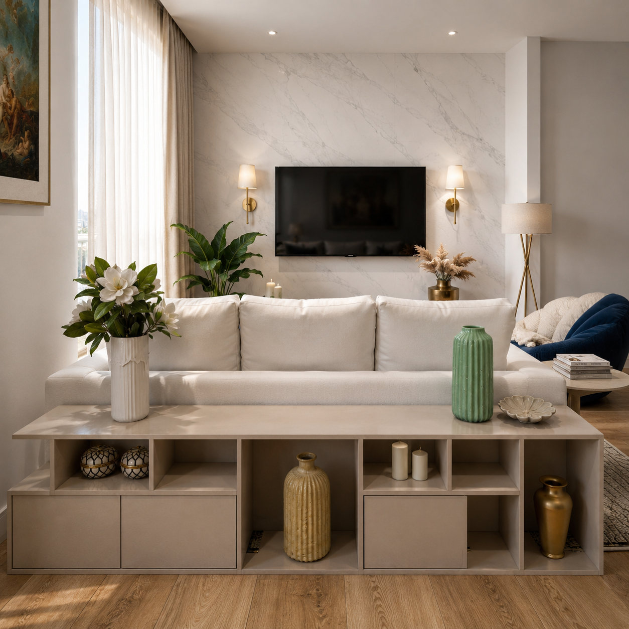 Navy and White Apartment — Sitting Area